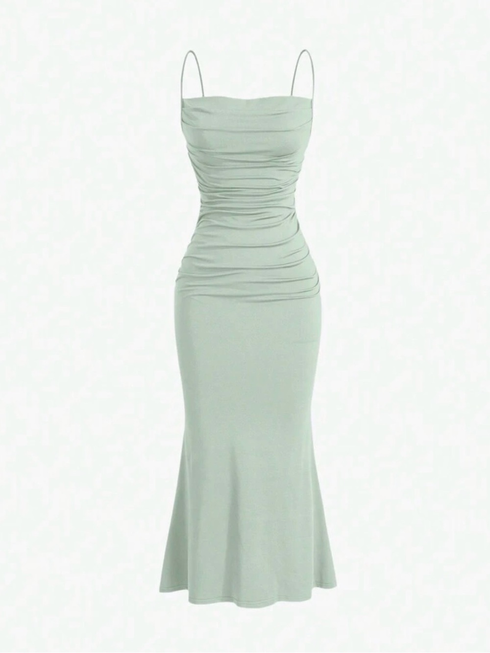 Spaghetti Strap Ruched Midi Dress in Sage Green